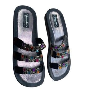 Grandco womens Sandals Black  Beach Pool Slide Beaded Jeweled beach ,pool Box DZ